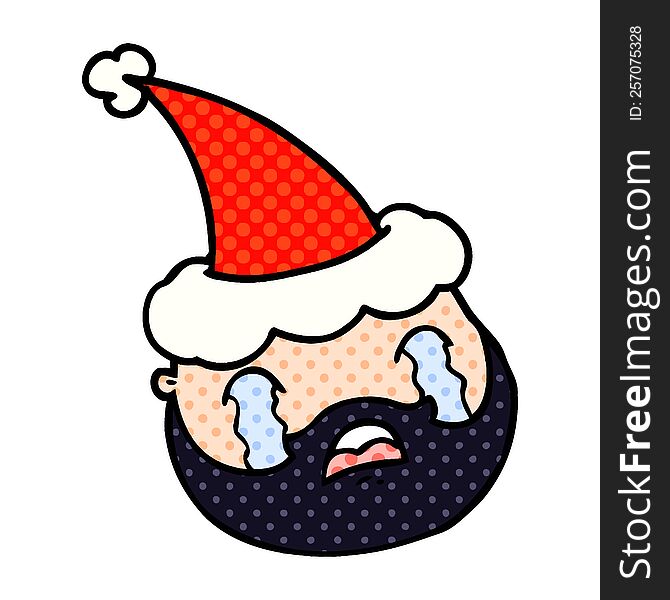 Comic Book Style Illustration Of A Male Face With Beard Wearing Santa Hat