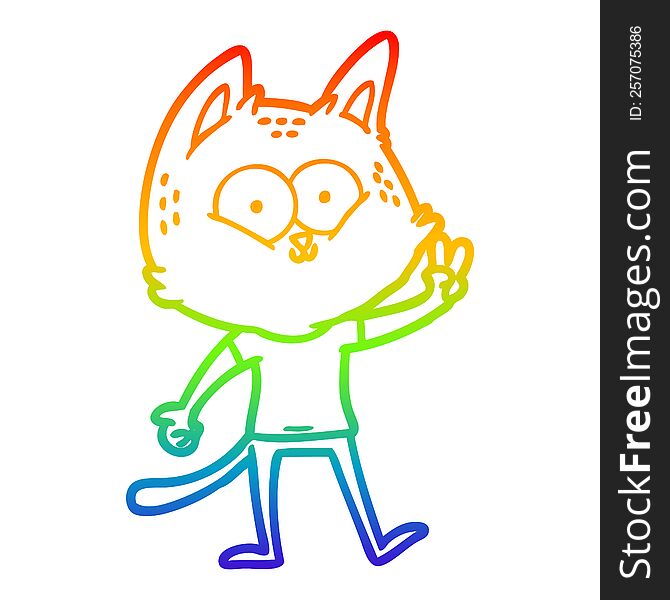 rainbow gradient line drawing cartoon cat giving peace sign