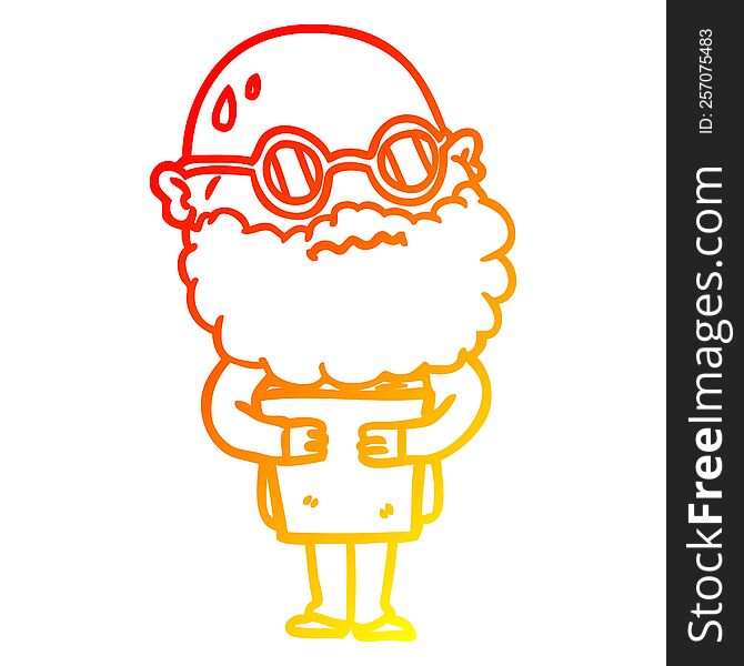 Warm Gradient Line Drawing Cartoon Worried Man With Beard And Spectacles