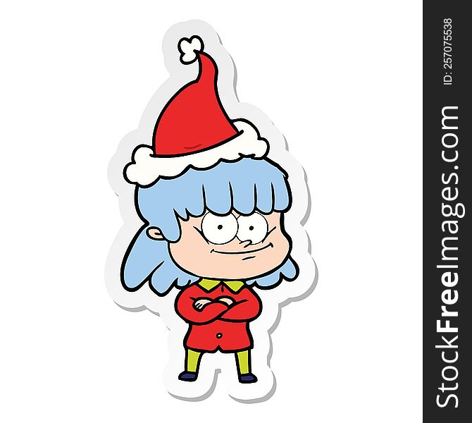 Sticker Cartoon Of A Smiling Woman Wearing Santa Hat