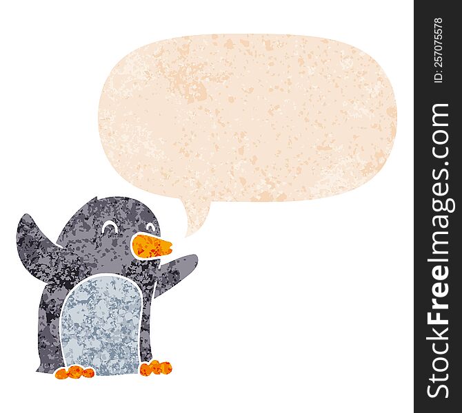 Cartoon Excited Penguin And Speech Bubble In Retro Textured Style