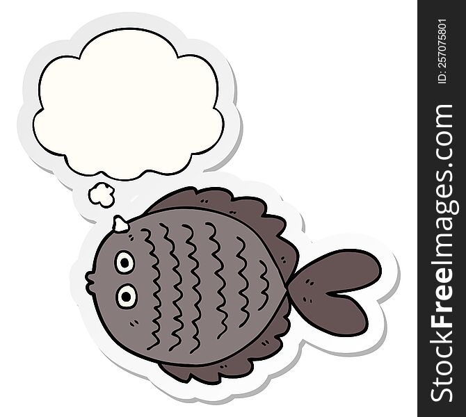 cartoon flat fish with thought bubble as a printed sticker