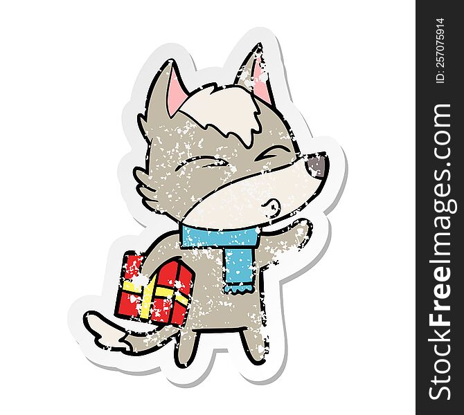 Distressed Sticker Of A Cartoon Christmas Wolf Whistling