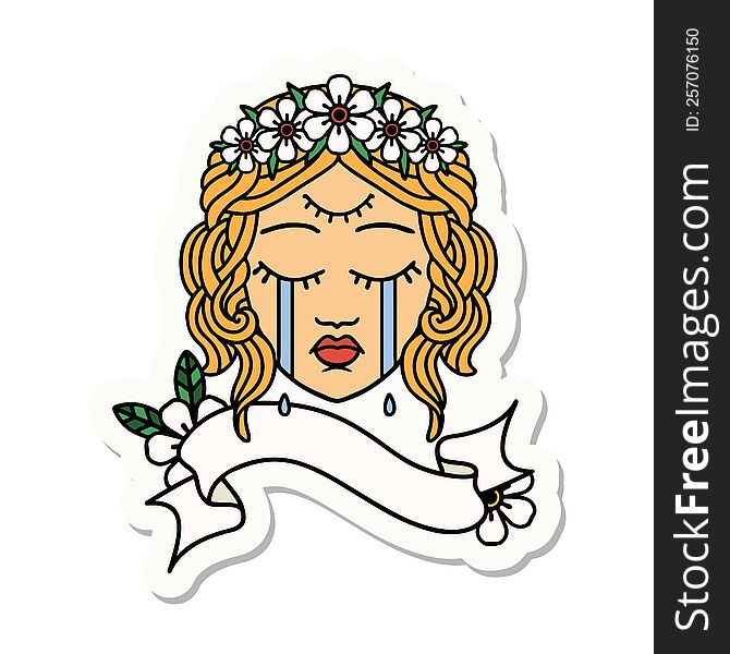 Tattoo Sticker With Banner Of Female Face Crying With Third Eye
