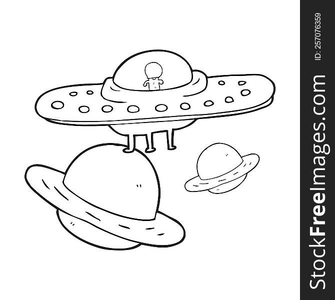 freehand drawn black and white cartoon flying saucer in space