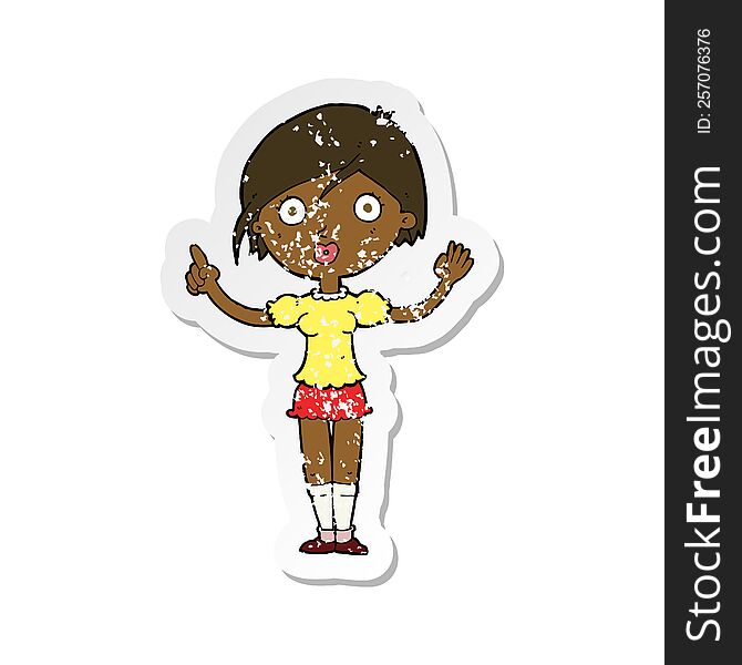 retro distressed sticker of a cartoon girl asking question
