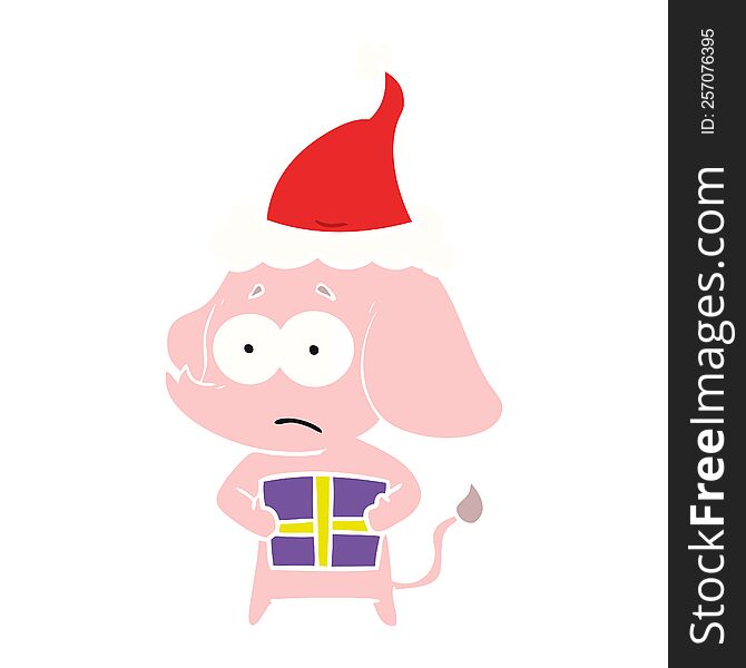 flat color illustration of a unsure elephant with christmas present wearing santa hat