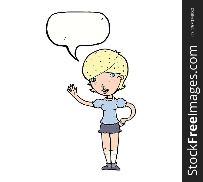 cartoon girl waving with speech bubble
