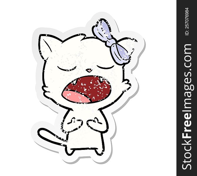 Distressed Sticker Of A Cartoon Cat Meowing
