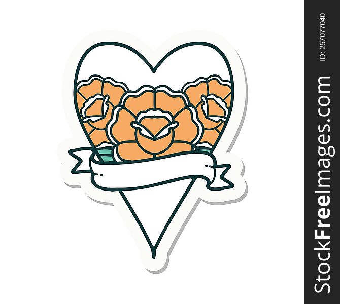 Tattoo Style Sticker Of A Heart And Banner With Flowers