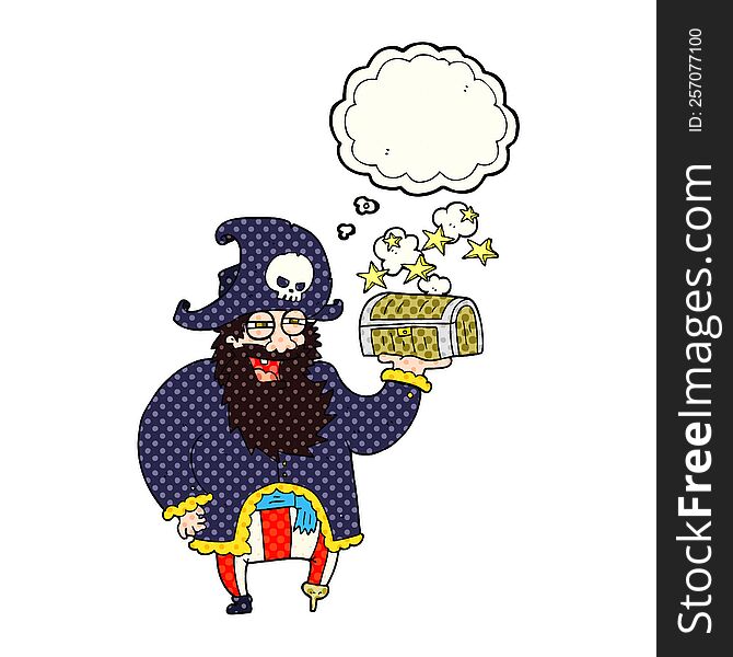 thought bubble cartoon pirate captain with treasure chest