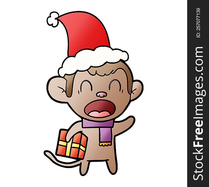 shouting hand drawn gradient cartoon of a monkey carrying christmas gift wearing santa hat
