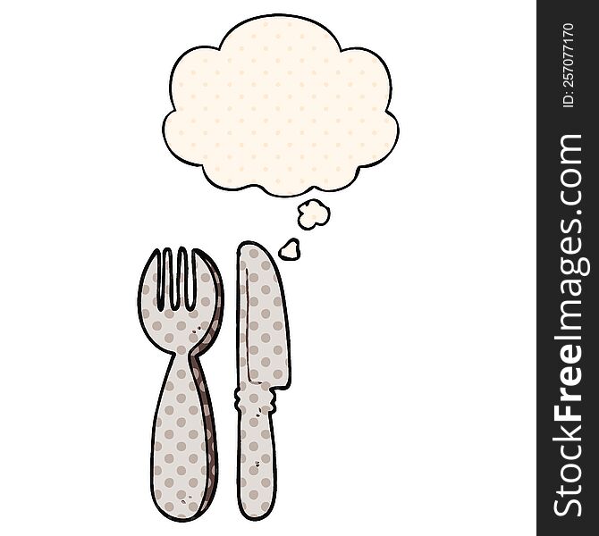 cartoon knife and fork with thought bubble in comic book style