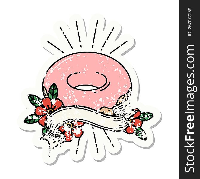 worn old sticker of a tattoo style iced donut. worn old sticker of a tattoo style iced donut