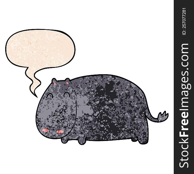 cartoon hippo with speech bubble in retro texture style