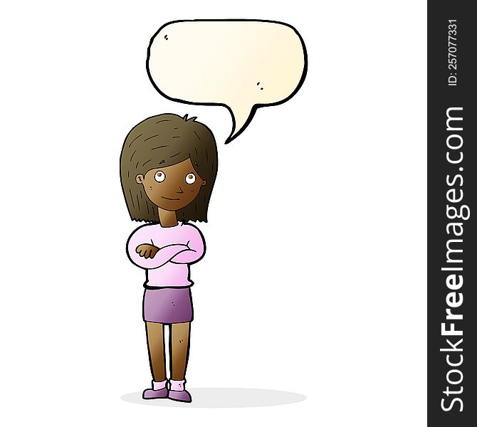 cartoon friendly girl rolling eyes with speech bubble