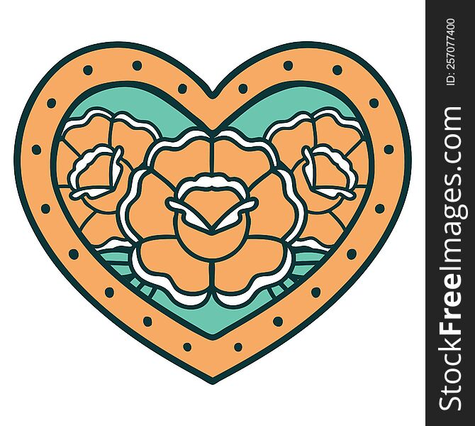 iconic tattoo style image of a heart and flowers. iconic tattoo style image of a heart and flowers