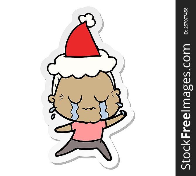 Sticker Cartoon Of A Crying Old Lady Wearing Santa Hat