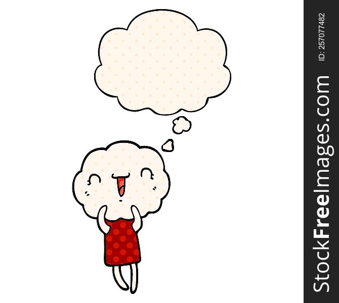 Cute Cartoon Cloud Head Creature And Thought Bubble In Comic Book Style