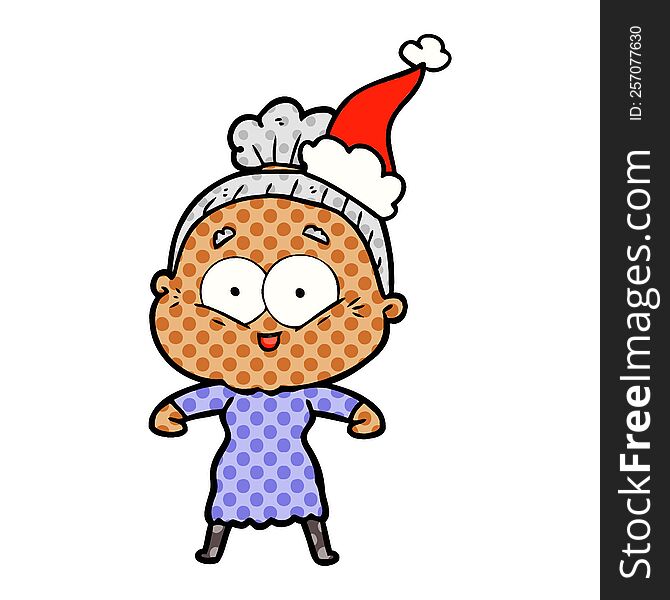 hand drawn comic book style illustration of a happy old woman wearing santa hat