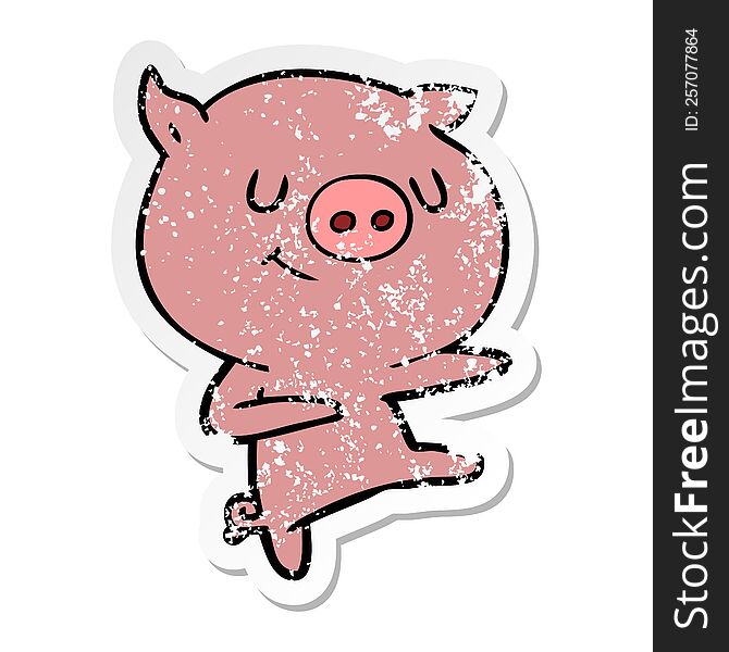 distressed sticker of a happy cartoon pig dancing