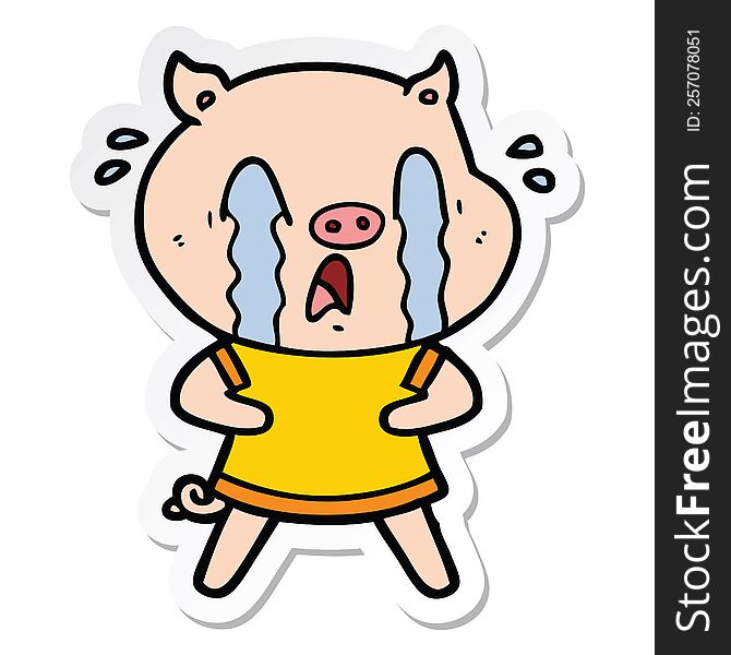 sticker of a crying pig cartoon wearing human clothes