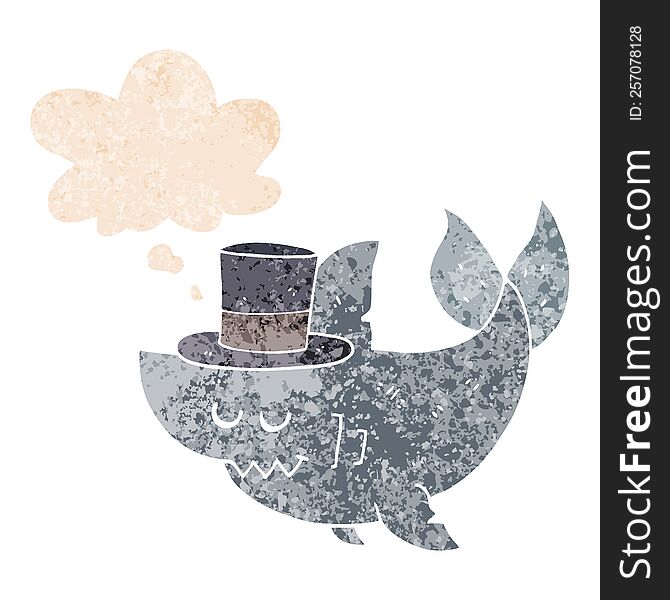 Cartoon Shark Wearing Top Hat And Thought Bubble In Retro Textured Style