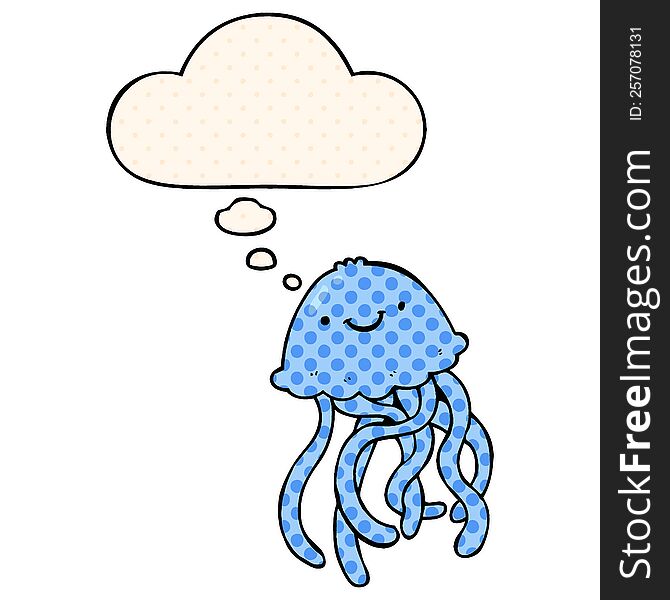 cartoon happy jellyfish with thought bubble in comic book style