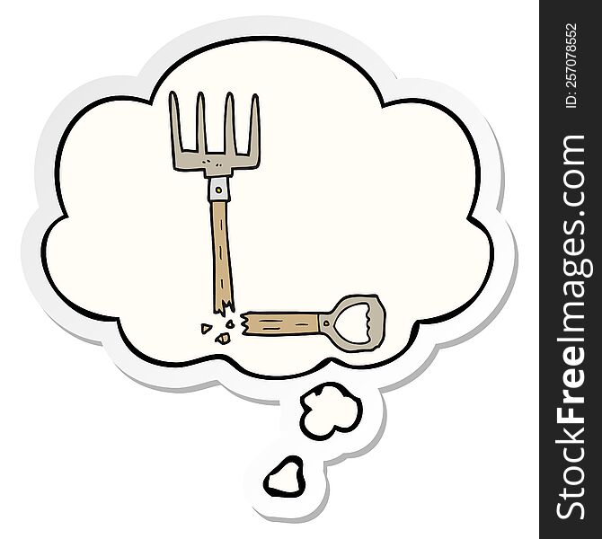 cartoon broken pitchfork with thought bubble as a printed sticker