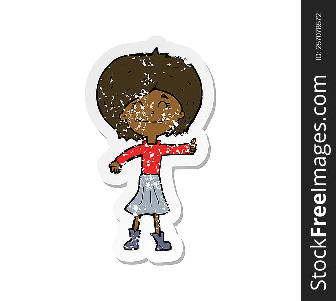 retro distressed sticker of a cartoon happy girl giving thumbs up symbol