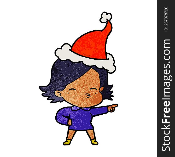 textured cartoon of a woman pointing wearing santa hat