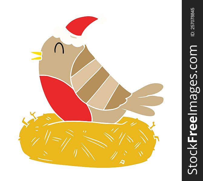 hand drawn flat color illustration of a bird sitting on nest wearing santa hat