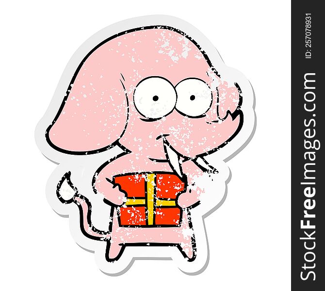Distressed Sticker Of A Happy Cartoon Elephant With Present