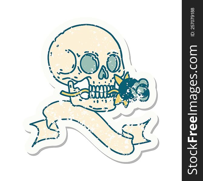 Grunge Sticker With Banner Of A Skull And Rose