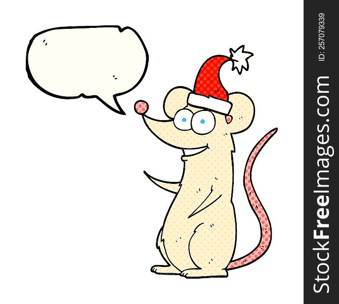 freehand drawn comic book speech bubble cartoon mouse wearing christmas hat