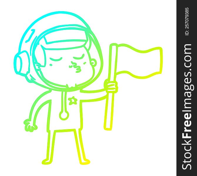 cold gradient line drawing of a cartoon confident astronaut waving flag