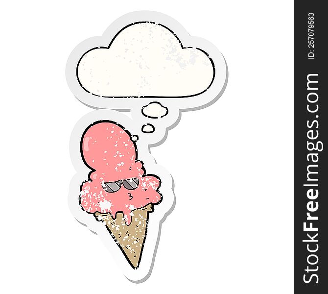 Cartoon Cool Ice Cream And Thought Bubble As A Distressed Worn Sticker