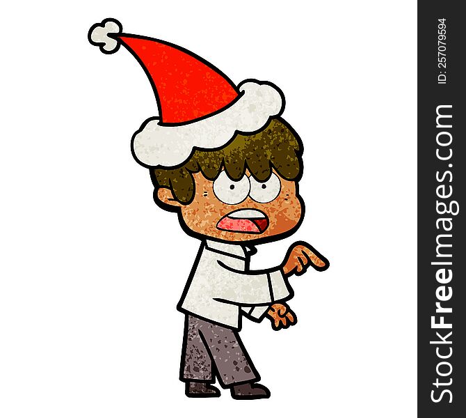 Worried Textured Cartoon Of A Boy Wearing Santa Hat
