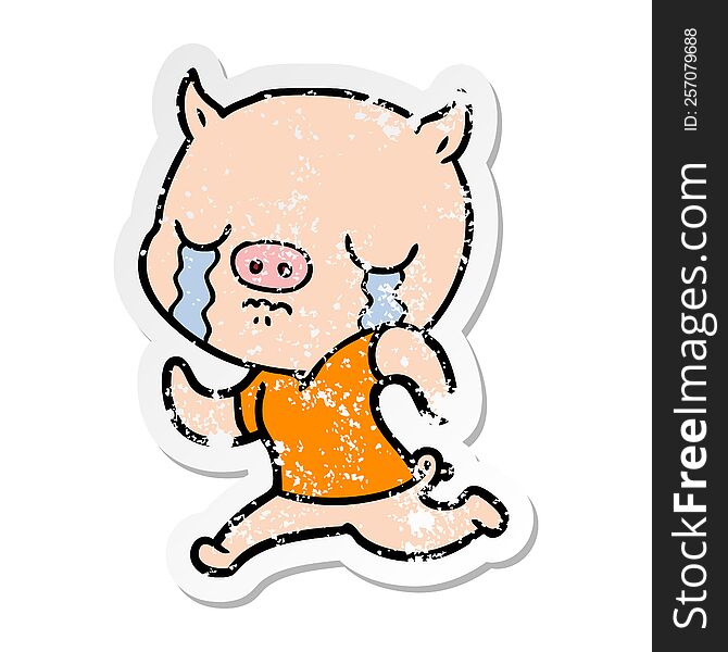distressed sticker of a cartoon pig crying running away