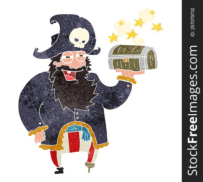 Retro Cartoon Pirate Captain With Treasure Chest