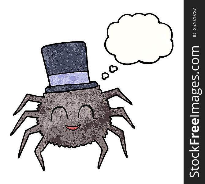 freehand drawn thought bubble textured cartoon spider wearing top hat
