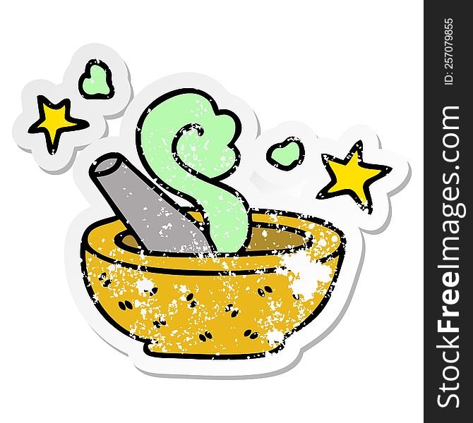 Distressed Sticker Of A Quirky Hand Drawn Cartoon Magic Pestle And Mortar