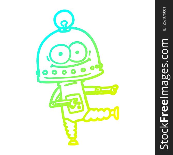 Cold Gradient Line Drawing Happy Carton Robot With Light Bulb