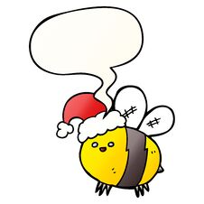 Cute Cartoon Bee Wearing Christmas Hat And Speech Bubble In Smooth Gradient Style Stock Photo Cute Cartoon Bee Wearing Christmas Hat And Speech Bubble In Smooth Gradient Style Stock Photo