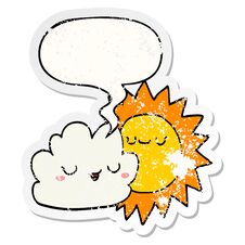 Cartoon Sun And Cloud And Speech Bubble Distressed Sticker Stock Image