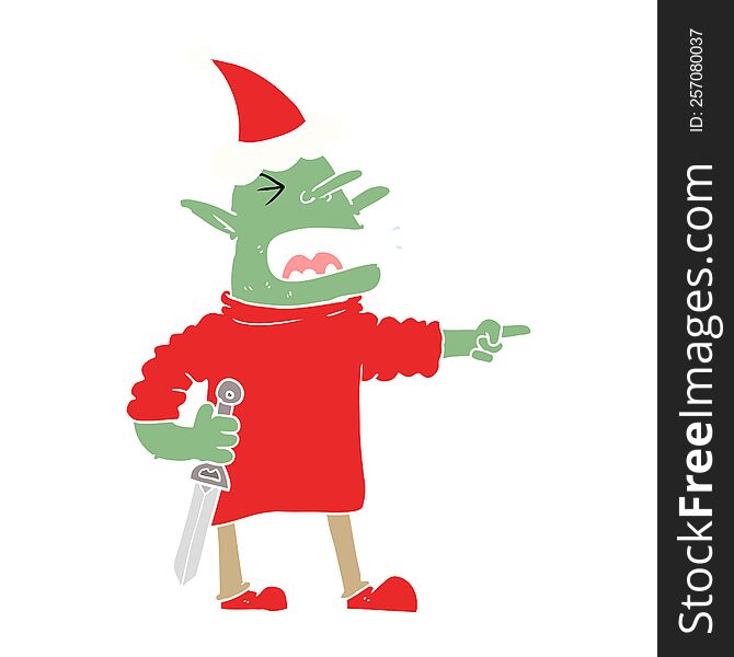hand drawn flat color illustration of a goblin with knife wearing santa hat