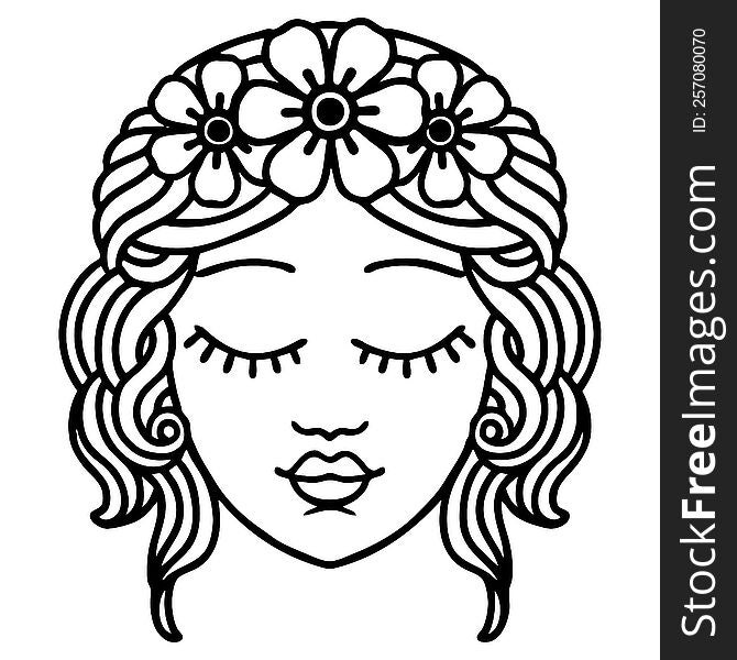 tattoo in black line style of female face with eyes closed. tattoo in black line style of female face with eyes closed