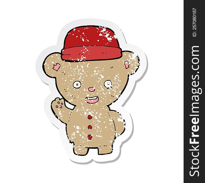 Retro Distressed Sticker Of A Cartoon Bear In Hat