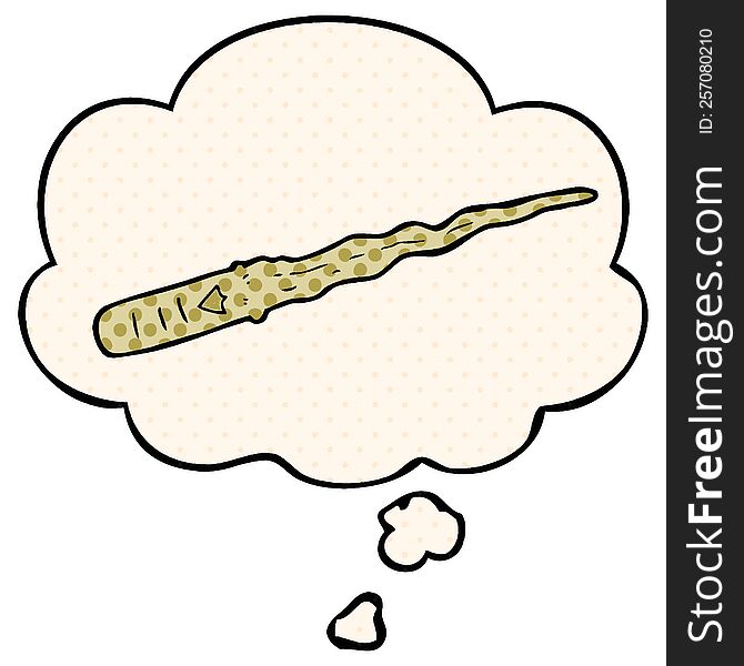 cartoon magic wand with thought bubble in comic book style