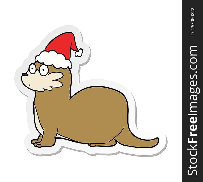 hand drawn sticker cartoon of a otter wearing santa hat